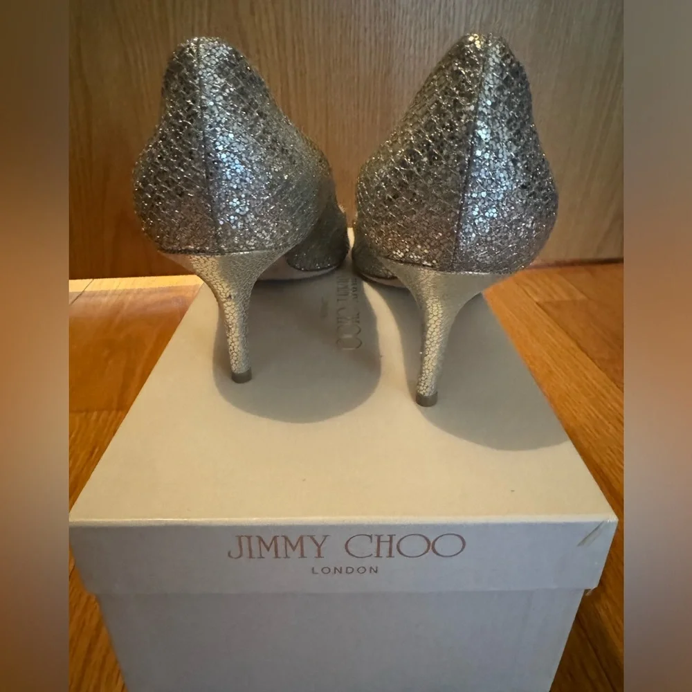 Jimmy Choo Silver Isabel Peep Toe Heels - Picture 3 of 7